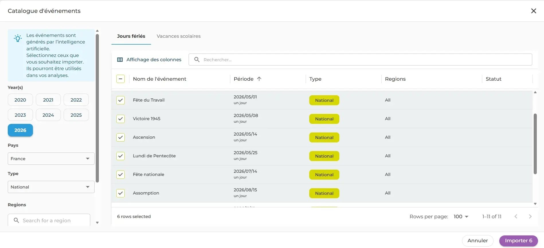 Ecran d'import des vacances dans le logiciel Eco-Visio