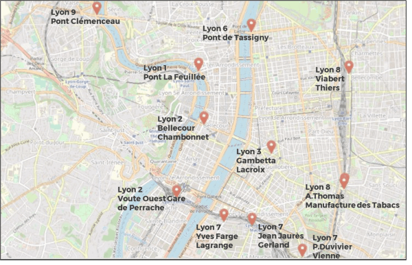 Localisation des points de comptage collectant les données vélo & trottinette à Lyon