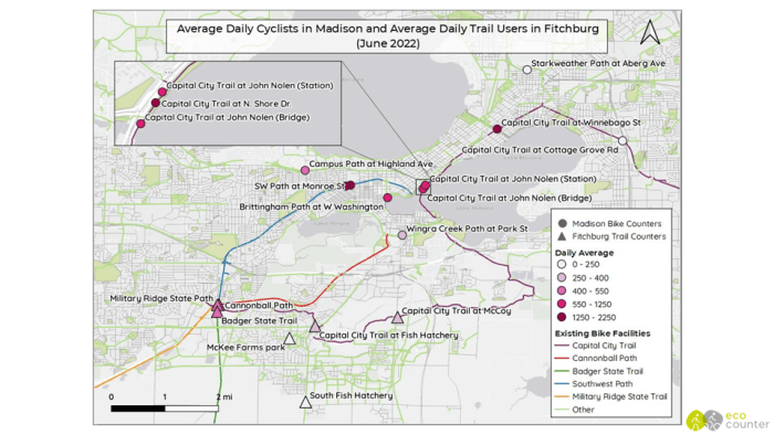 Map for Average Daily Cyclists in Madison and Fitchburg (June 2022)