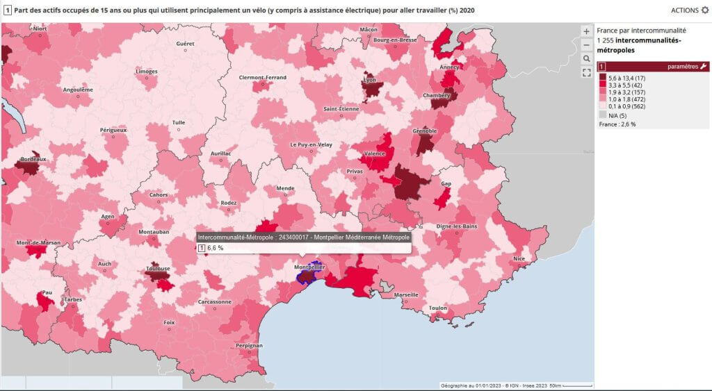 Données INSEE sur la part modale vélo à Montpellier et aux alentours